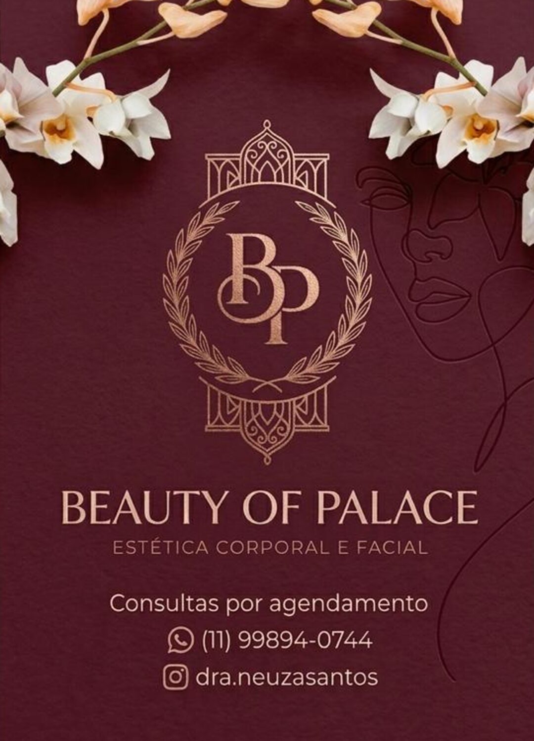 Cartão vinho da Beauty of Palace, com brasão BP, folhas e a cúpula do palácio em dourado